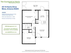 Mesa apartment for rent - A floor plan for a rental apartment is shown with the address 431 N Harris Drive Mesa, Arizona 85203.