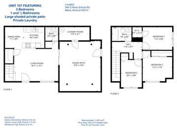 Mesa apartment for rent - A floor plan for a home with two bedrooms and two bathrooms.