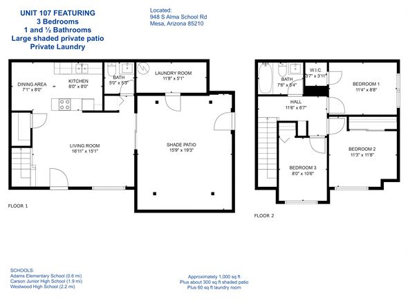Mesa apartment for rent - A floor plan for a home with two bedrooms and two bathrooms.