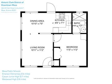 Mesa apartment for rent - A floor plan for a home with a dining area, kitchen, living room, and bedroom.