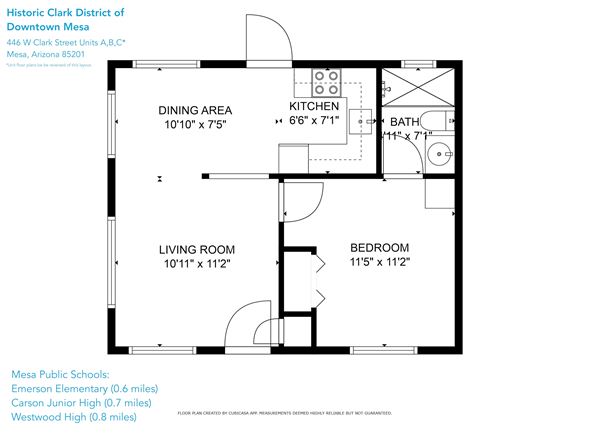 Mesa apartment for rent - A floor plan for a home with a dining area, kitchen, living room, and bedroom.