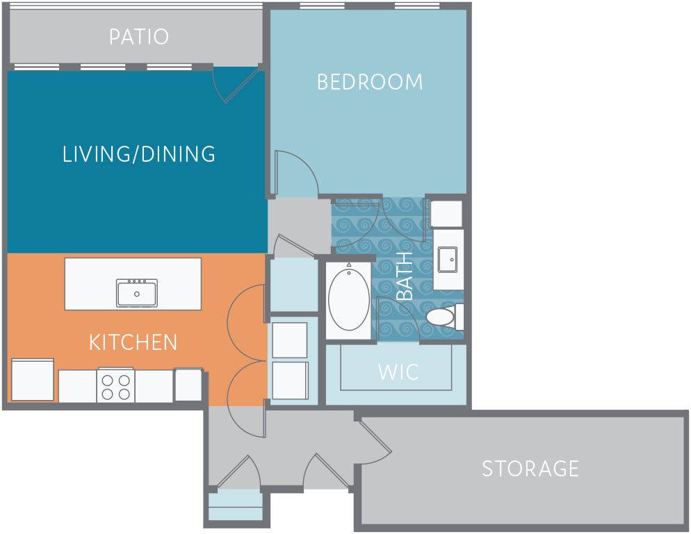 Floor plan for 1 bed, 1 bath, 986 sqft