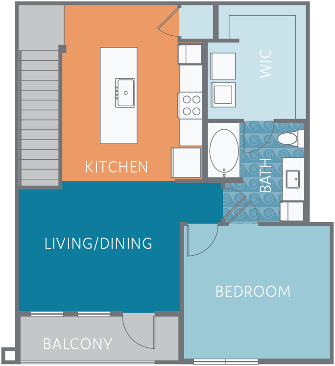 Floor plan for 1 bed, 1 bath, 930 sqft