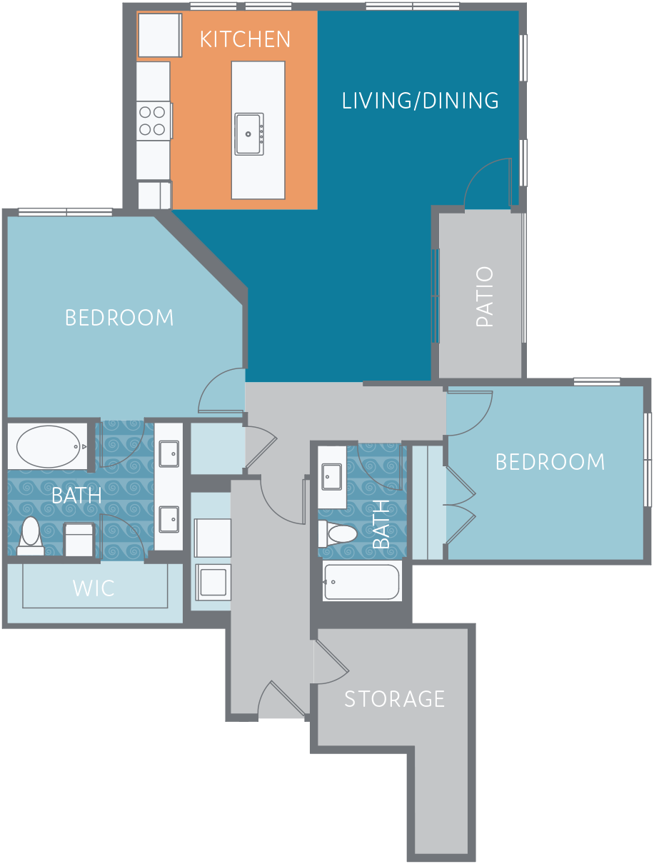 Floor plan for 2 beds, 2 baths, 1375 sqft