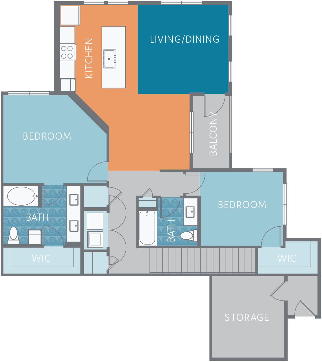Floor plan for 2 beds, 2 baths, 1533 sqft