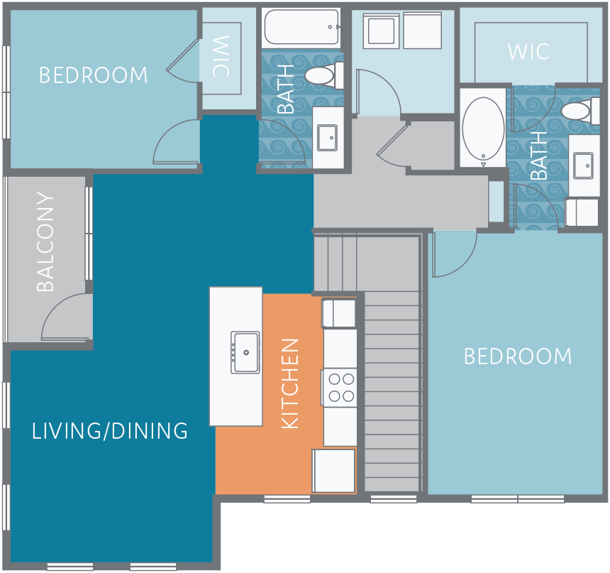 Floor plan for 2 beds, 2 baths, 1262 sqft