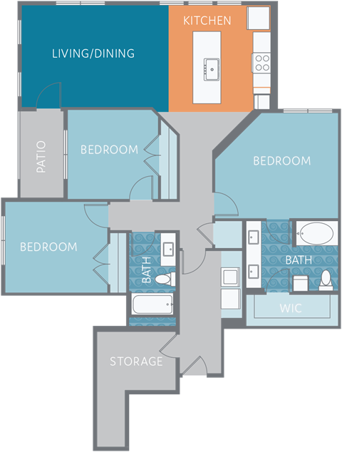 Floor plan for 3 beds, 2 baths, 1516 sqft