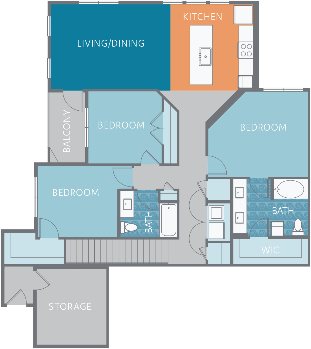 Floor plan for 3 beds, 2 baths, 1675 sqft