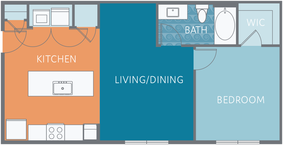 Floor plan for 1 bed, 1 bath, 751 sqft