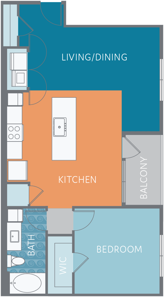 Floor plan for 1 bed, 1 bath, 864 sqft