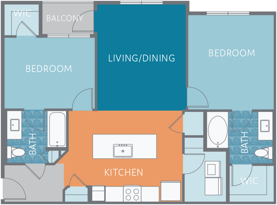 Floor plan for 2 beds, 2 baths, 1043 sqft