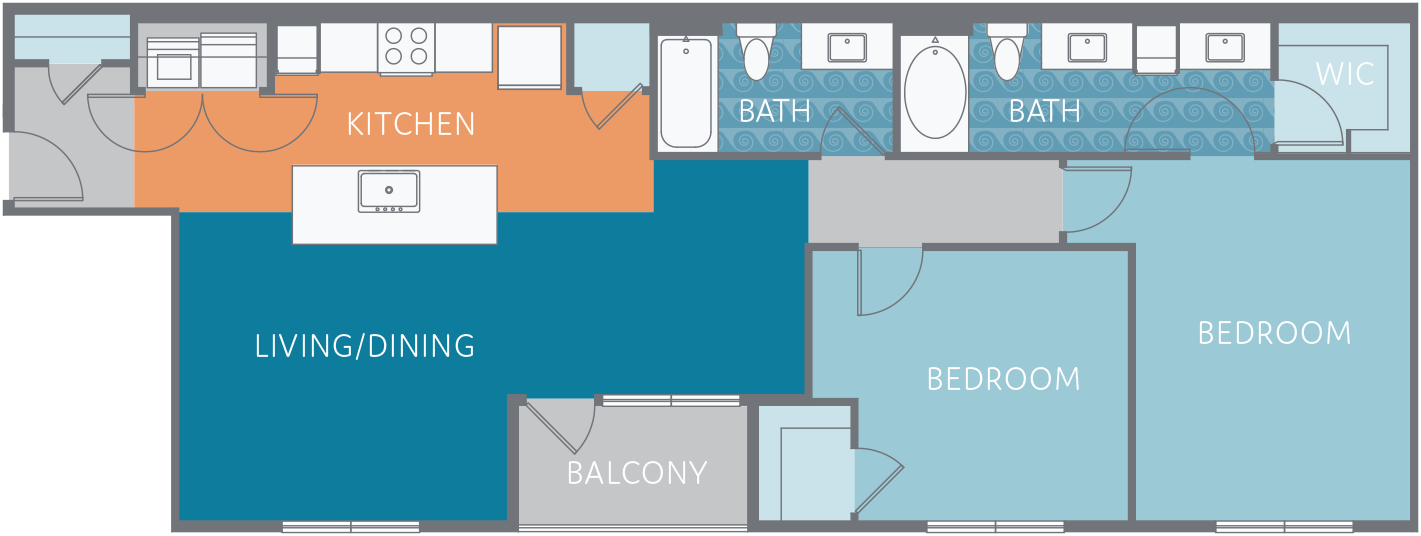 Floor plan for 2 beds, 2 baths, 1260 sqft