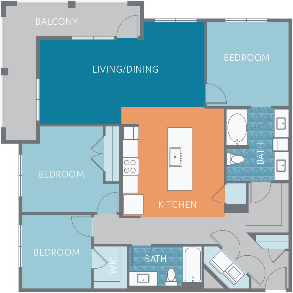 Floor plan for 3 beds, 2 baths, 1415 sqft