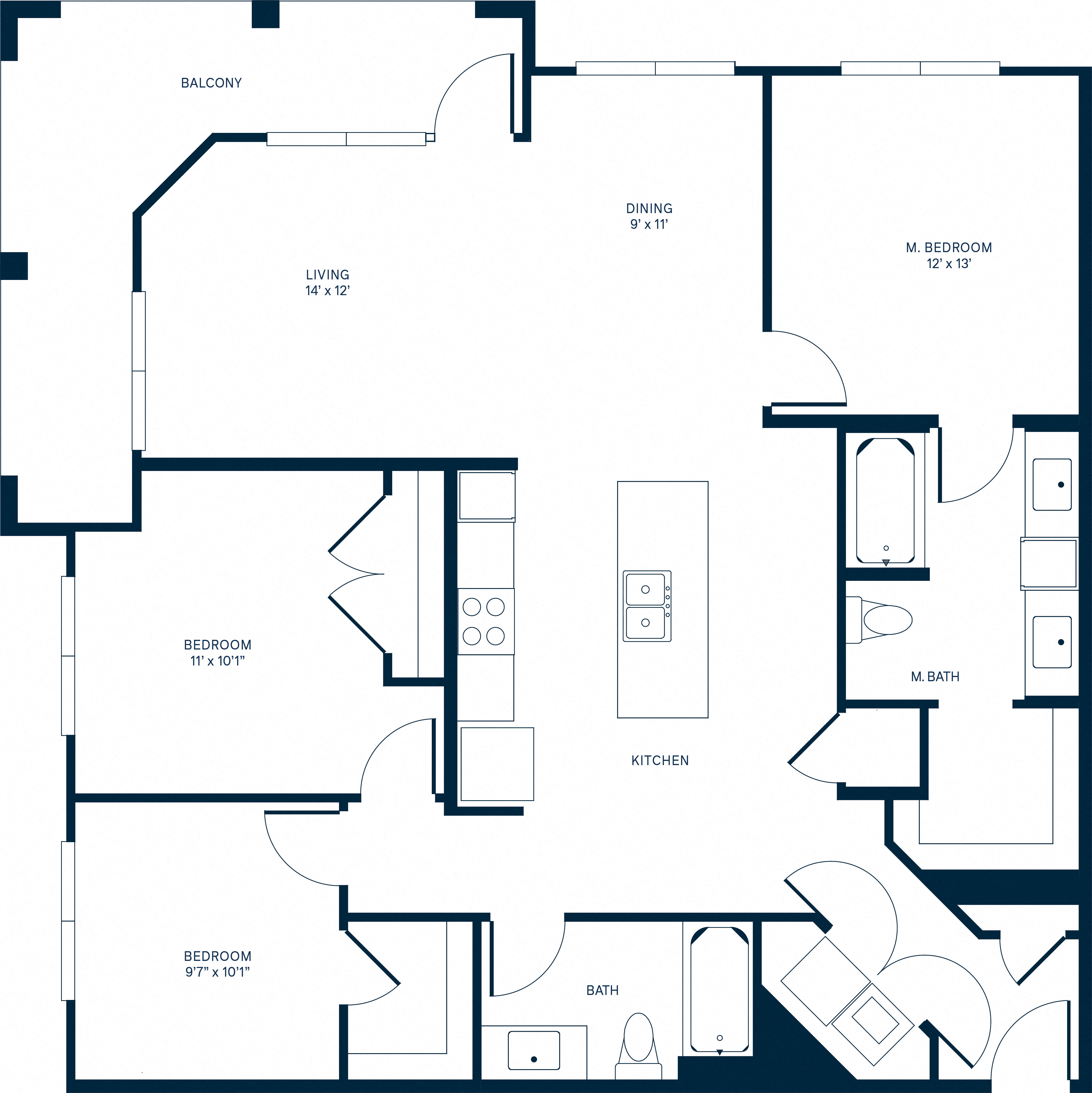 Floor plan for 3 beds, 2 baths, 1415 sqft