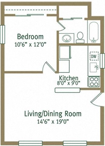 Floor plan for 1 bed, 1 bath, 575 sqft
