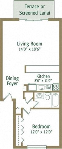 Floor plan for 1 bed, 1 bath, 727 sqft