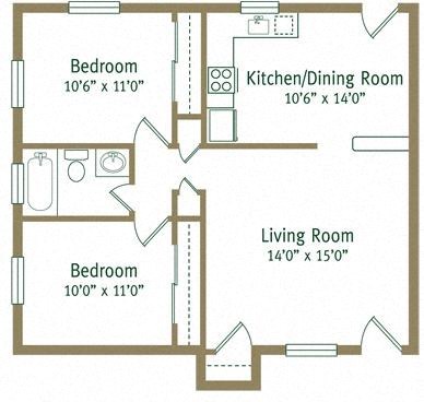 Floor plan for 2 beds, 1 bath, 928 sqft