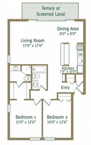 Floor plan for 2 beds, 2 baths, 1028 sqft