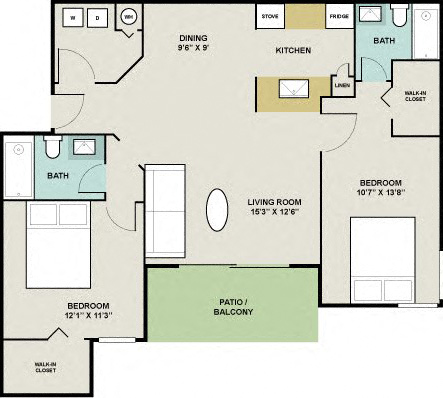 Floor plan for 2 beds, 2 baths, 1000 sqft