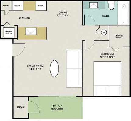 Floor plan for 1 bed, 1 bath, 600 sqft