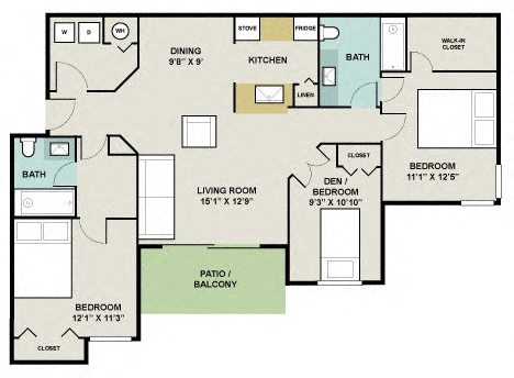 Floor plan for 3 beds, 2 baths, 1200 sqft