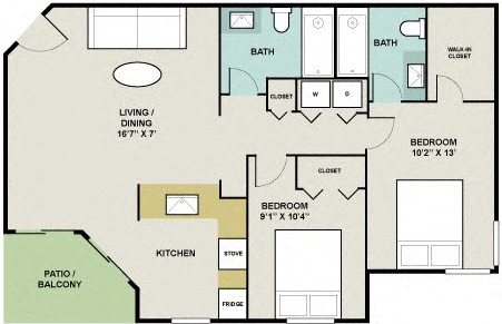 Floor plan for 2 beds, 2 baths, 900 sqft