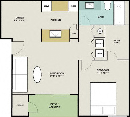 Floor plan for 1 bed, 1 bath, 700 sqft