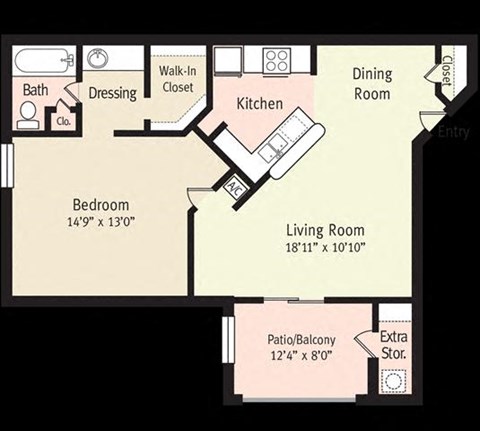 Floor plan for 1 bed, 1 bath, 735 sqft