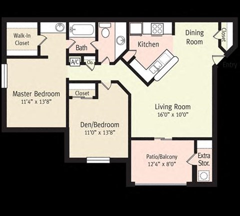 Floor plan for 2 beds, 1 bath, 862 sqft