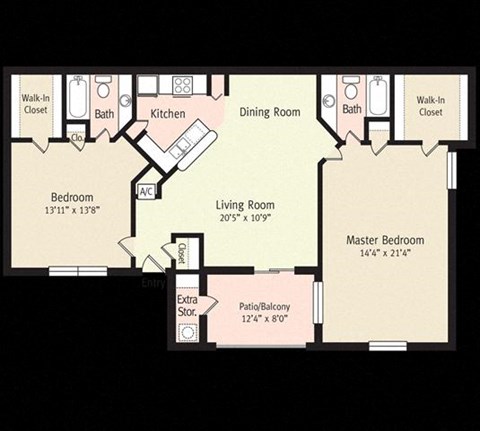 Floor plan for 2 beds, 2 baths, 1142 sqft