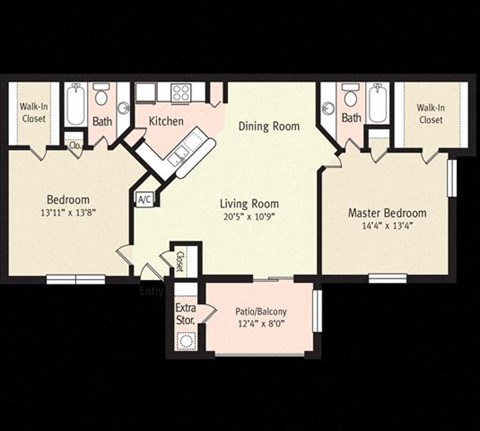 Floor plan for 2 beds, 2 baths, 1030 sqft