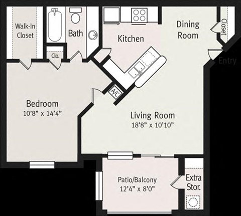 Floor plan for 1 bed, 1 bath, 650 sqft