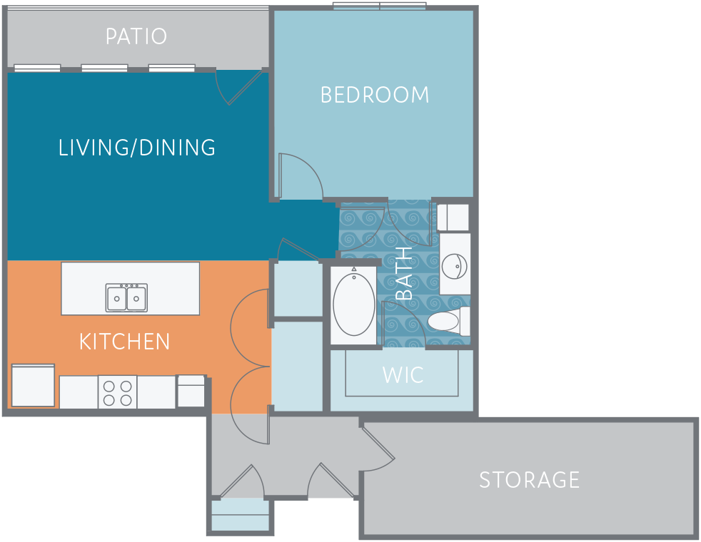 Floor plan for 1 bed, 1 bath, 980 sqft