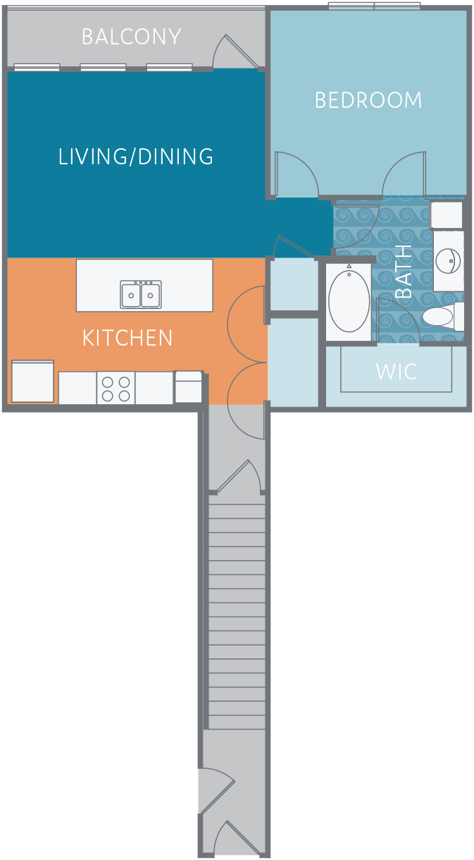 Floor plan for 1 bed, 1 bath, 873 sqft