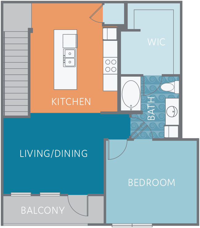 Floor plan for 1 bed, 1 bath, 923 sqft