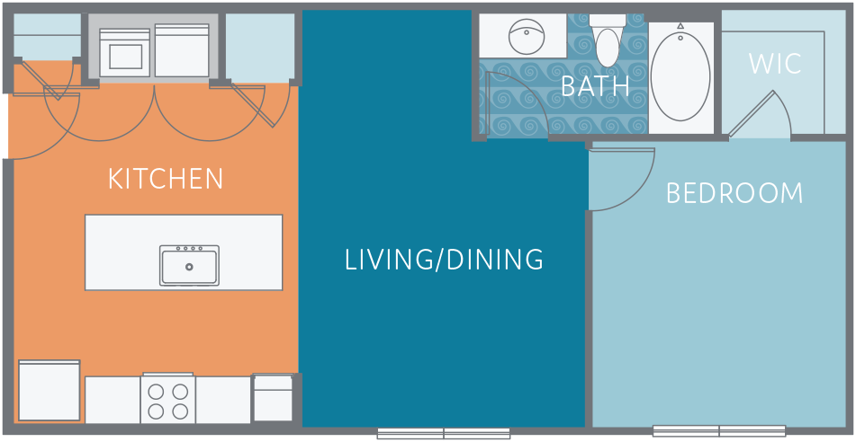 Floor plan for 1 bed, 1 bath, 751 sqft