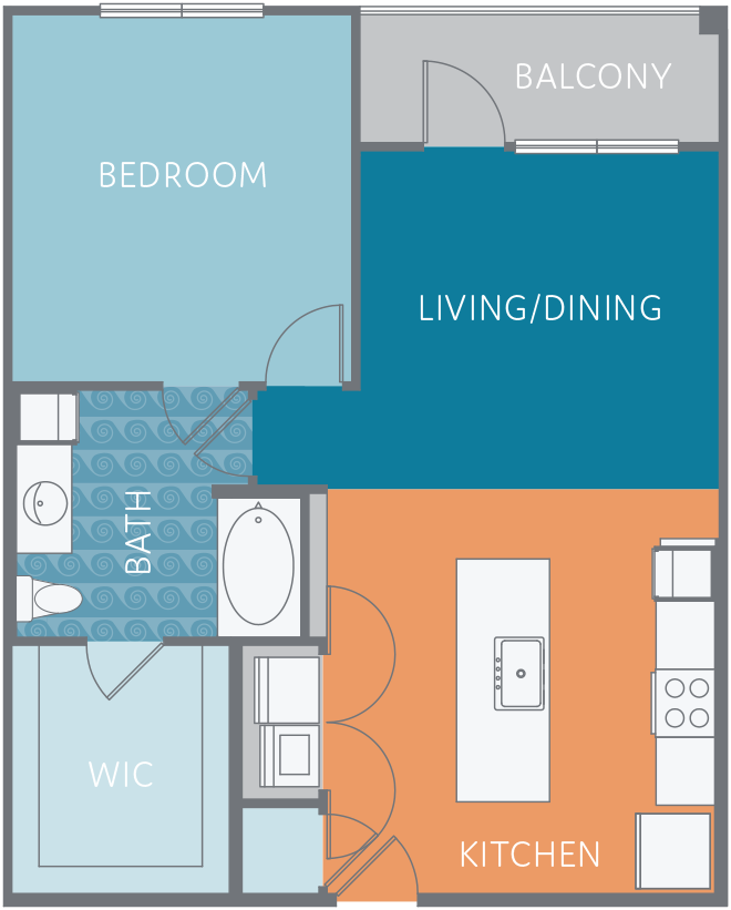 Floor plan for 1 bed, 1 bath, 811 sqft