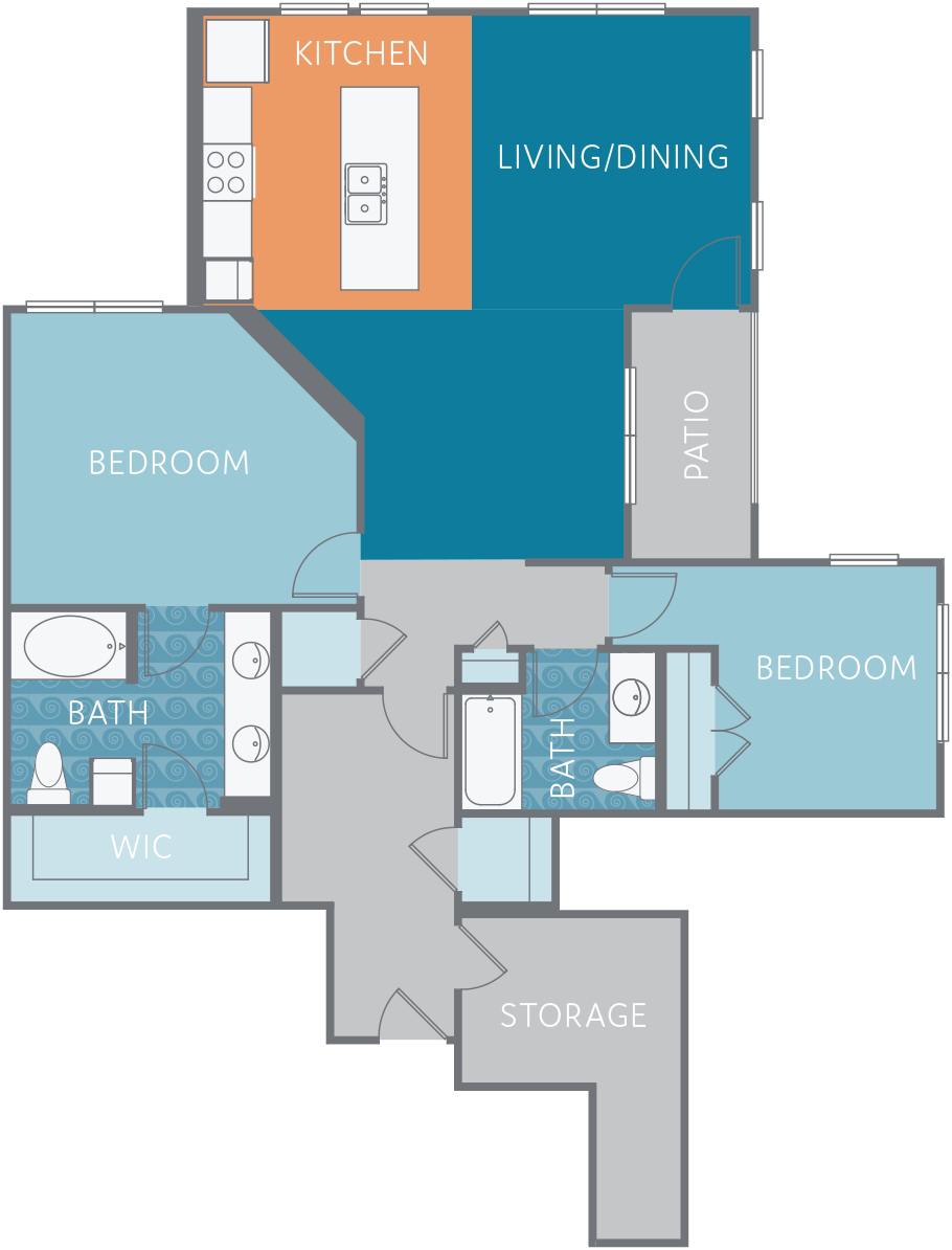 Floor plan for 2 beds, 2 baths, 1352 sqft