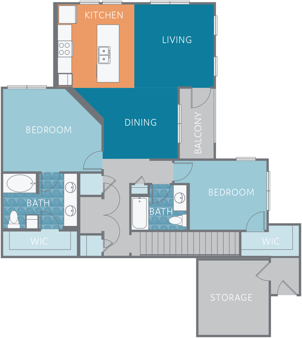 Floor plan for 2 beds, 2 baths, 1511 sqft