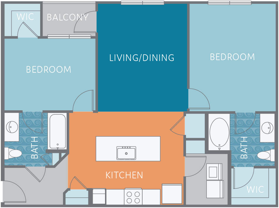 Floor plan for 2 beds, 2 baths, 1059 sqft