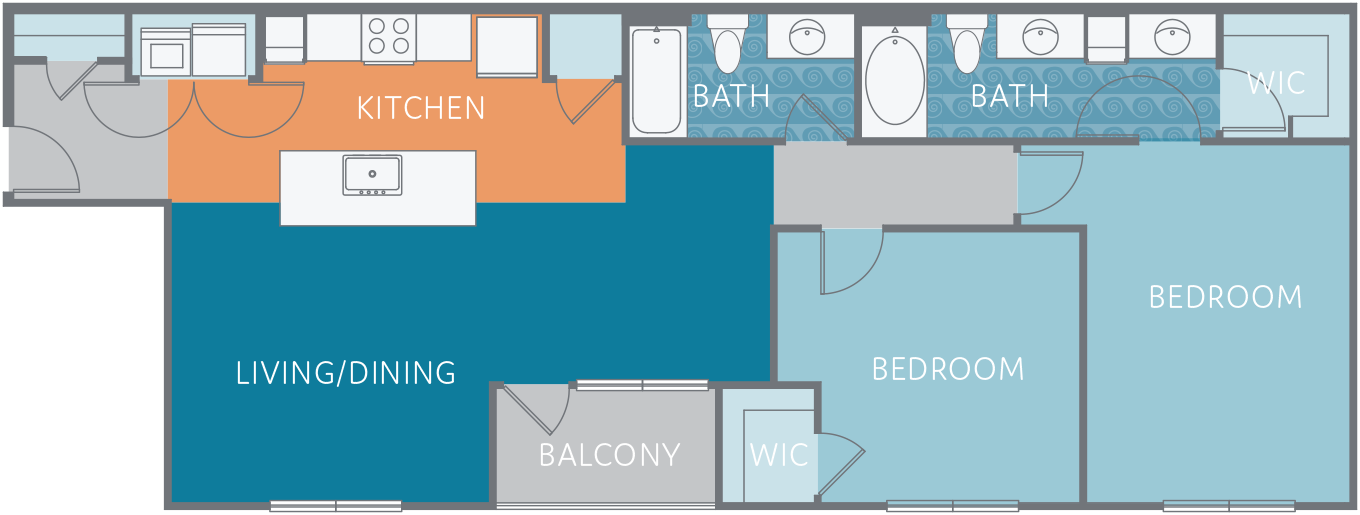 Floor plan for 2 beds, 2 baths, 1260 sqft