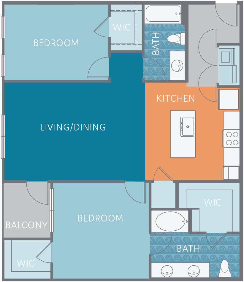Floor plan for 2 beds, 2 baths, 1219 sqft