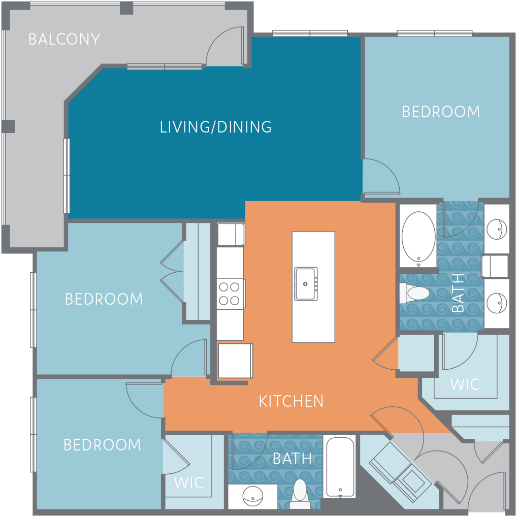 Floor plan for 3 beds, 2 baths, 1411 sqft