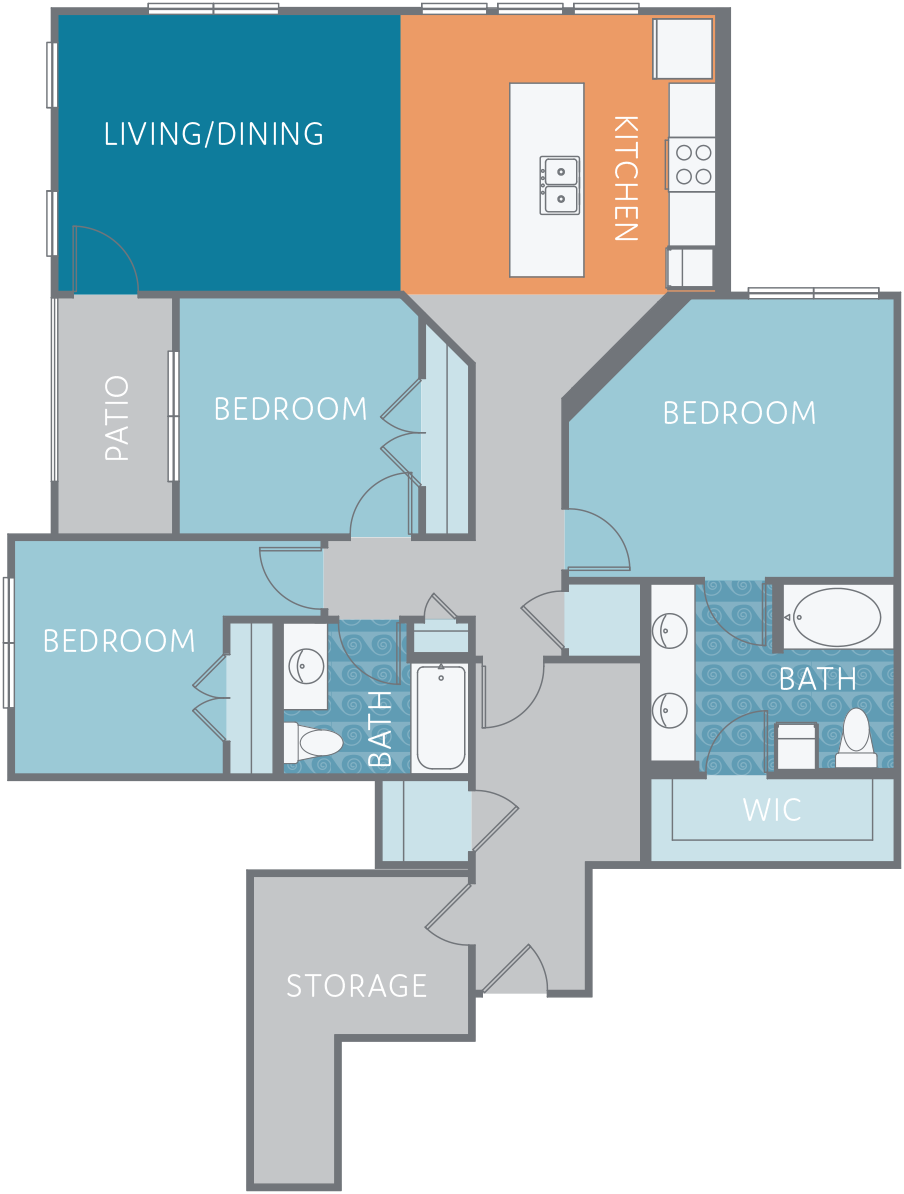 Floor plan for 3 beds, 2 baths, 1493 sqft