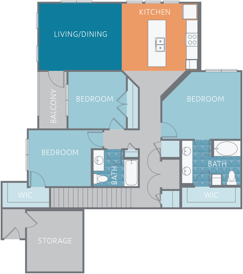 Floor plan for 3 beds, 2 baths, 1654 sqft