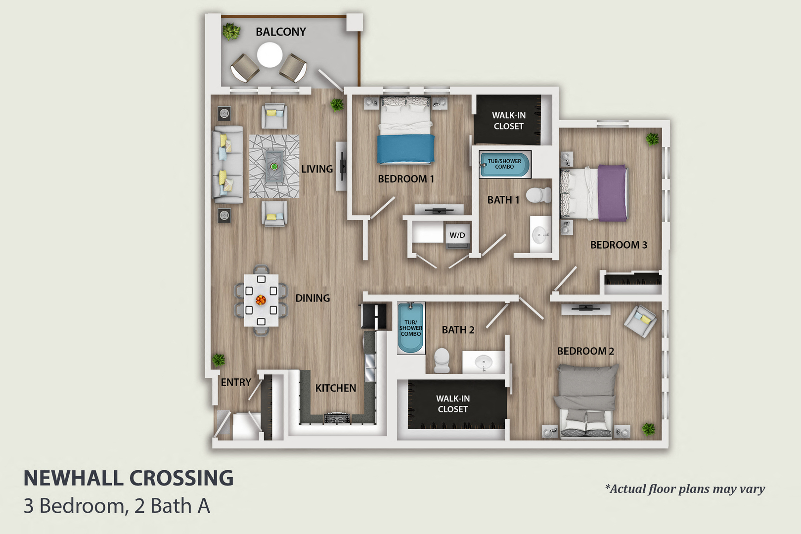 Floor plan for 3 beds, 2 baths, 1280 sqft