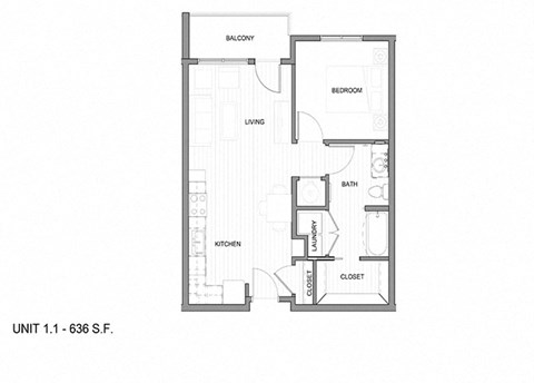 Floor plan for 1 bed, 1 bath, 653 sqft