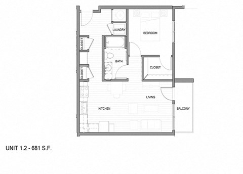 Floor plan for 1 bed, 1 bath, 681 sqft