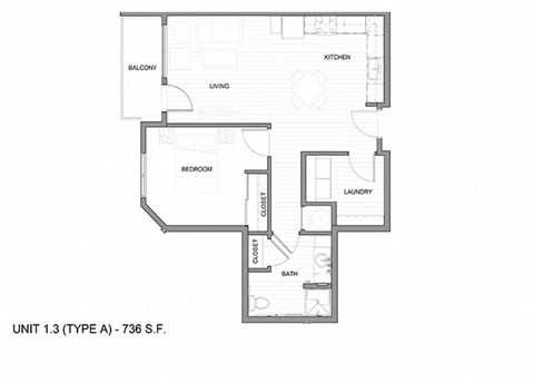 Floor plan for 1 bed, 1 bath, 736 sqft