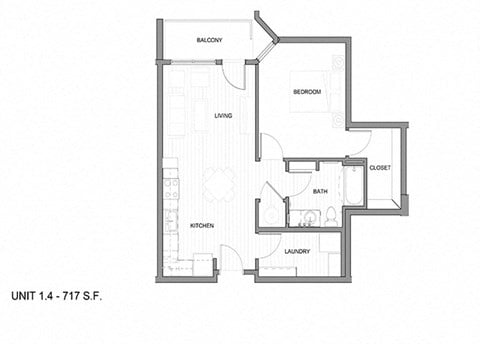 Floor plan for 1 bed, 1 bath, 717 sqft